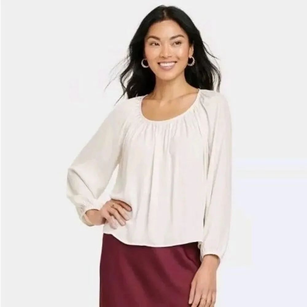 ✨A New Day Women's Balloon Long Sleeve Femme Popover Cream Sz Medium Shirt✨